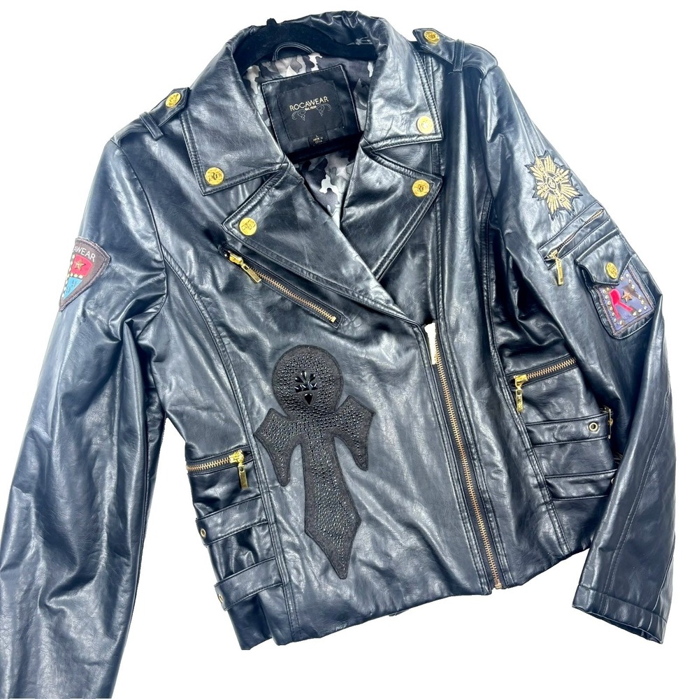 Rocawear Jacket Faux Leather 90s Retro Moto Biker Grunge Large RARE